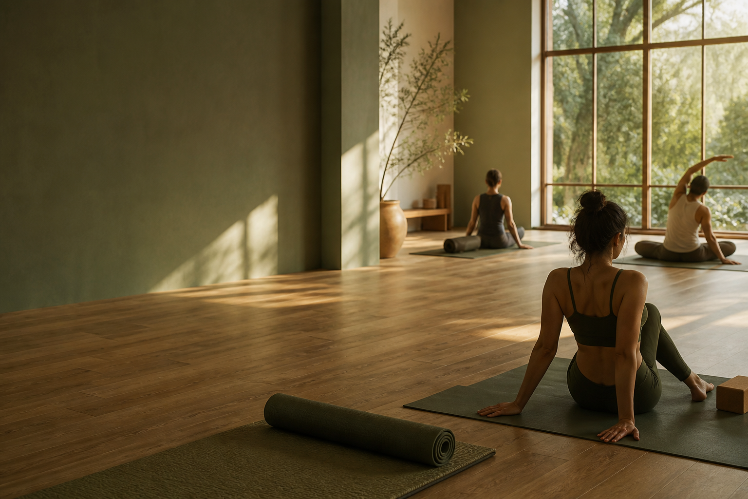 Rustige yogastudio in ochtendlicht, klaar voor de les